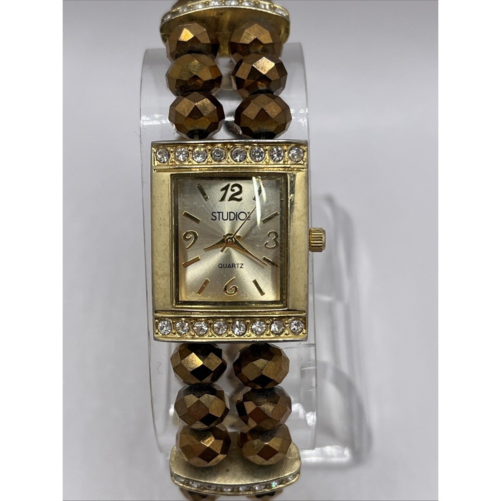 Studio Time Women's‎ Watch 22mm Gold Tone Beaded Stretch Band- New Battery